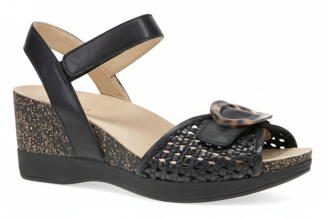 dansko stella adjustable strap wedge women's |  black woven