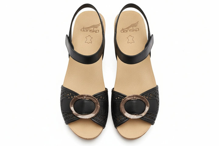 dansko stella adjustable strap wedge women's | black woven