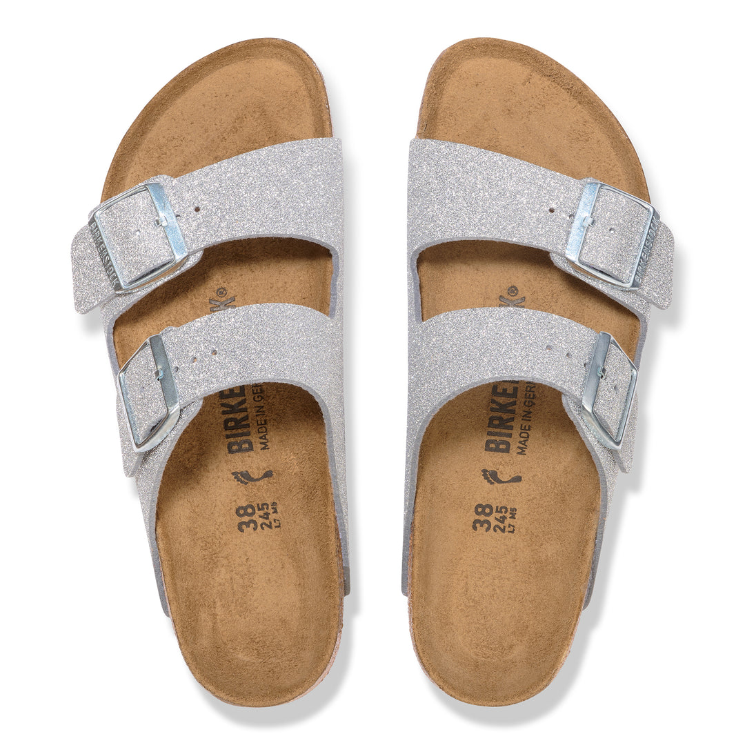 birkenstock arizona women's | shiny glitter silver