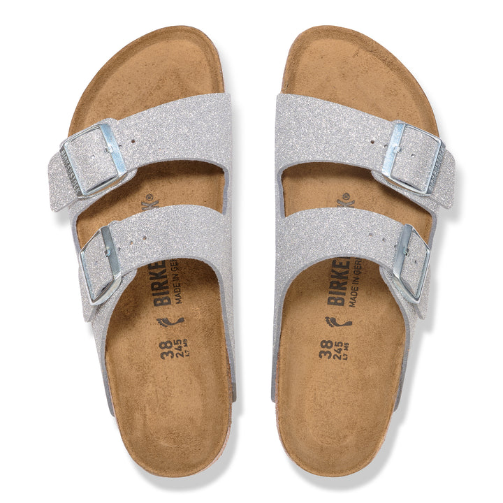 birkenstock arizona women's | shiny glitter silver