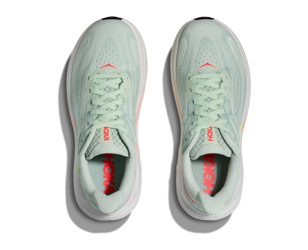 hoka clifton 10 women's | sea glass / neon flame