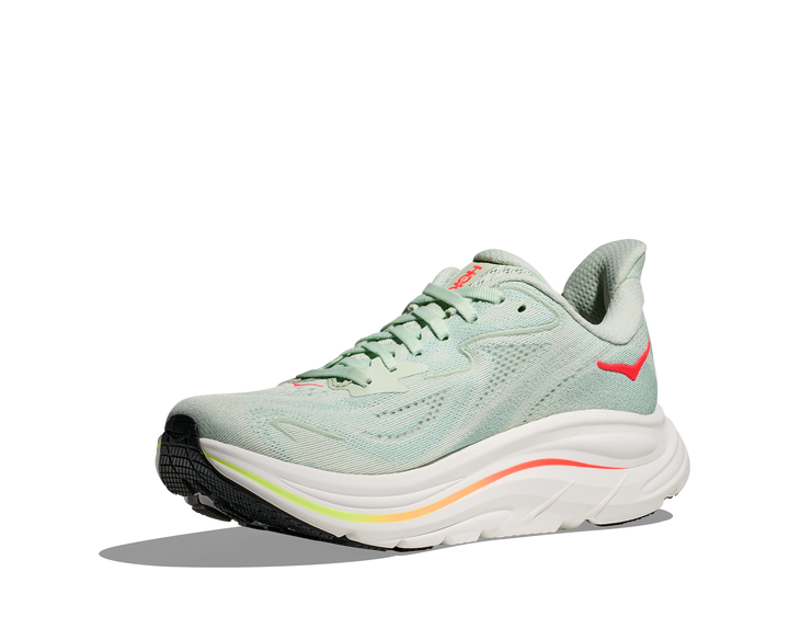 hoka clifton 10 women's | sea glass / neon flame