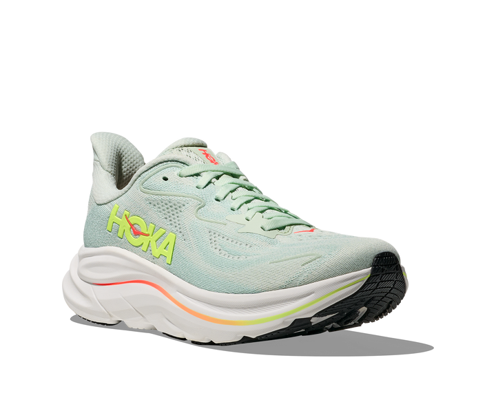hoka clifton 10 wide women's | sea glass / neon flame