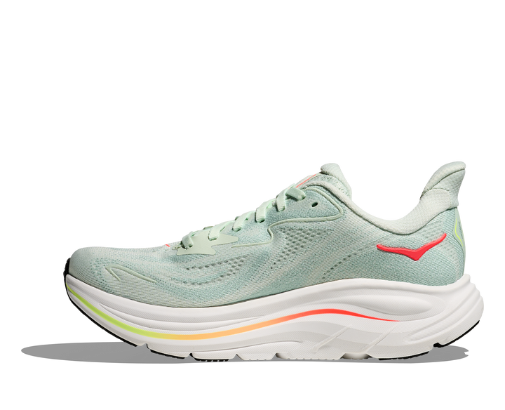 hoka clifton 10 wide women's | sea glass / neon flame