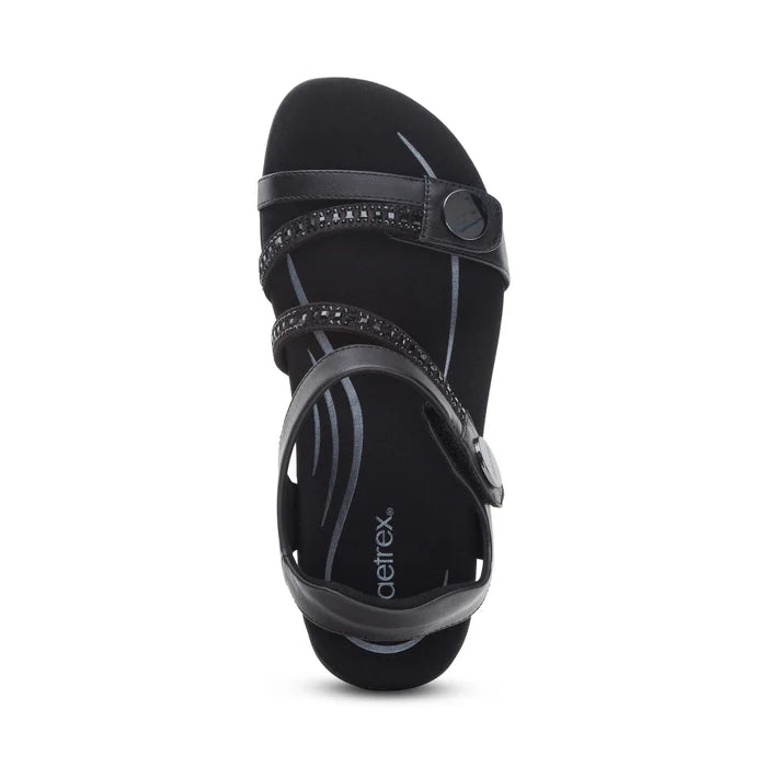 aetrex jess adjustable quarter strap women's | black sparkle