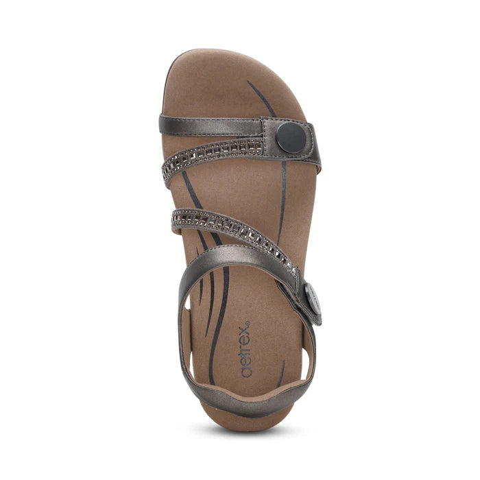 aetrex jess adjustable quarter strap women's | pewter sparkle