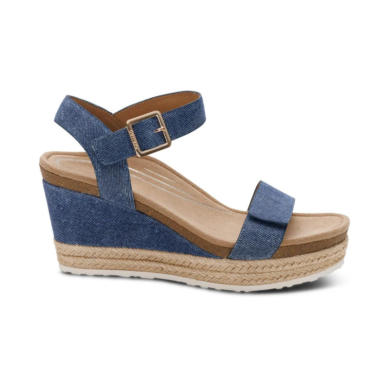 aetrex sydney quarter strap espadrille wedge women's | denim