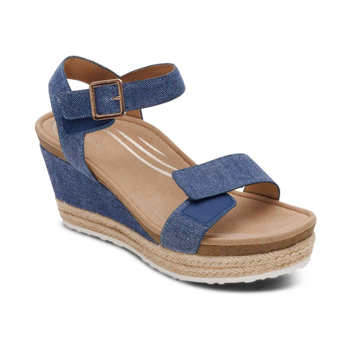 aetrex sydney quarter strap espadrille wedge women's | denim