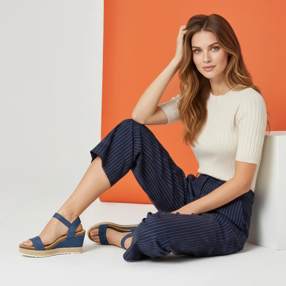 aetrex sydney quarter strap espadrille wedge women's | denim