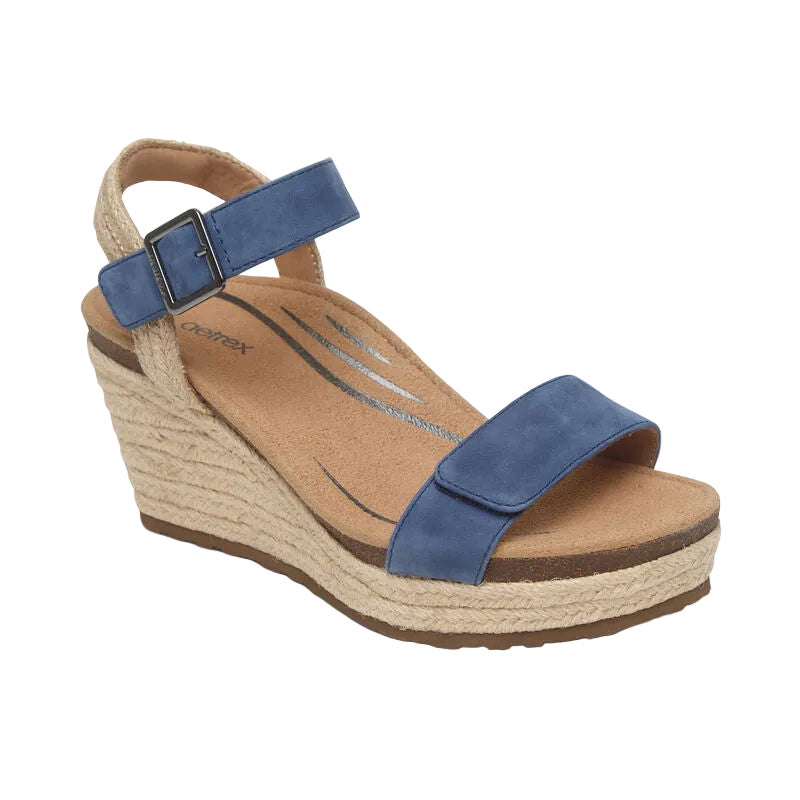 aetrex sydney quarter strap espadrille wedge women's | denim